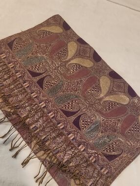 Embroidered Paisley Fringe Scarf in Plum and Gold